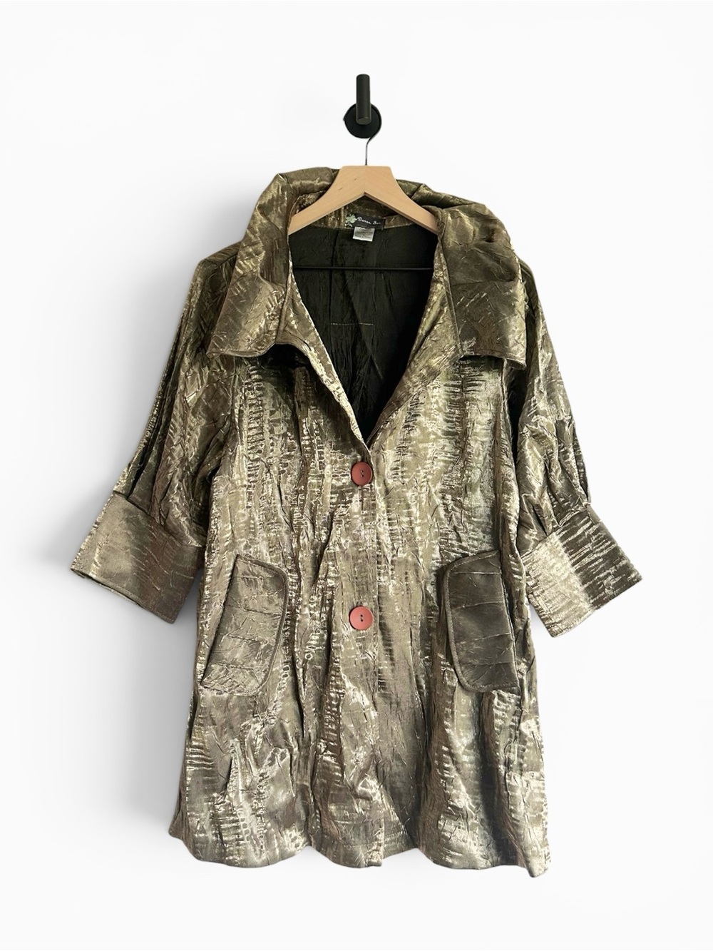 Damee Bronze Gold Ruffle Neck Swing Jacket Size Medium